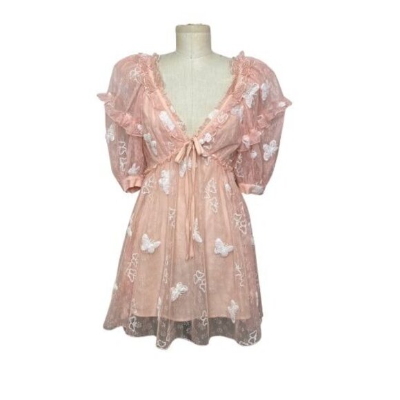 For Love and Lemons Shari Sequin Butterfly Lace Mini Dress Pink Size Small NWT - Picture 10 of 10